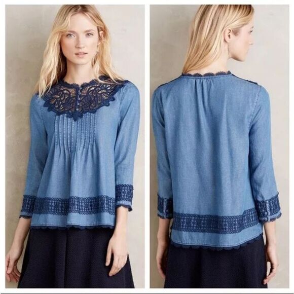 Anthropologie Holding Horses Denim Lace Chambray Top Size 2 - Picture 1 of 7